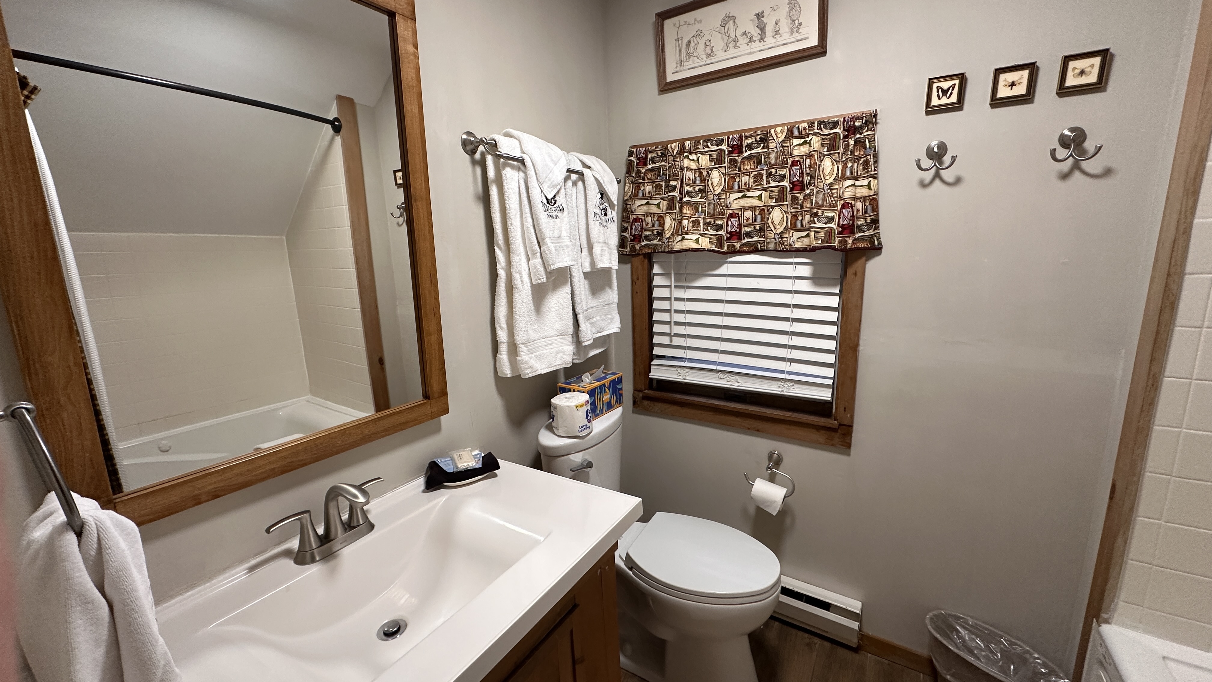 A small, rustic-style bathroom featuring a white vanity with a chrome faucet, a large wood-framed mirror reflecting a bathtub, and a toilet. The wall is decorated with a patterned valance over a window, framed art, and decorative wall hooks.