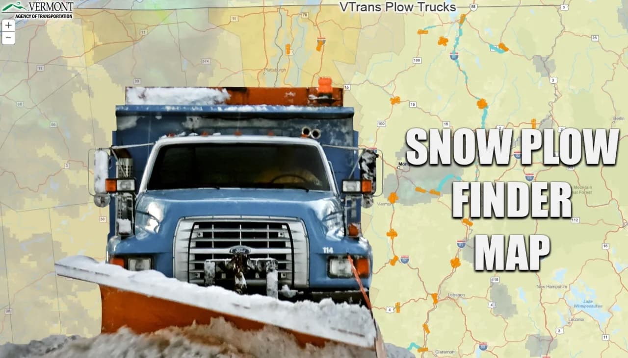 A snow plow truck is shown in front of a map with the text "Snow Plow Finder Map." A snow plow truck is shown in front of a map with the text "Snow Plow Finder Map."